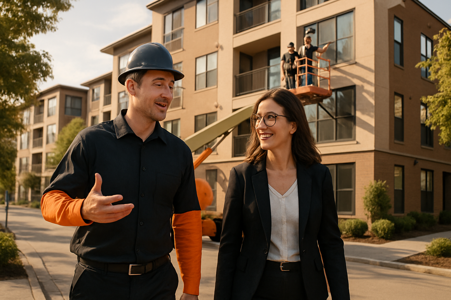 In a sunlit urban setting a field supervisor in a sleek black longsleeved shirt with vibrant orange sleeves strolls alongside a smiling woman property