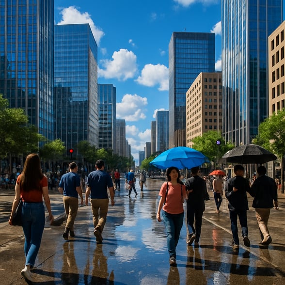 In a vibrant downtown area towering highrise buildings glisten under the sun their glass facades reflecting the bright blue sky as the last remnants o