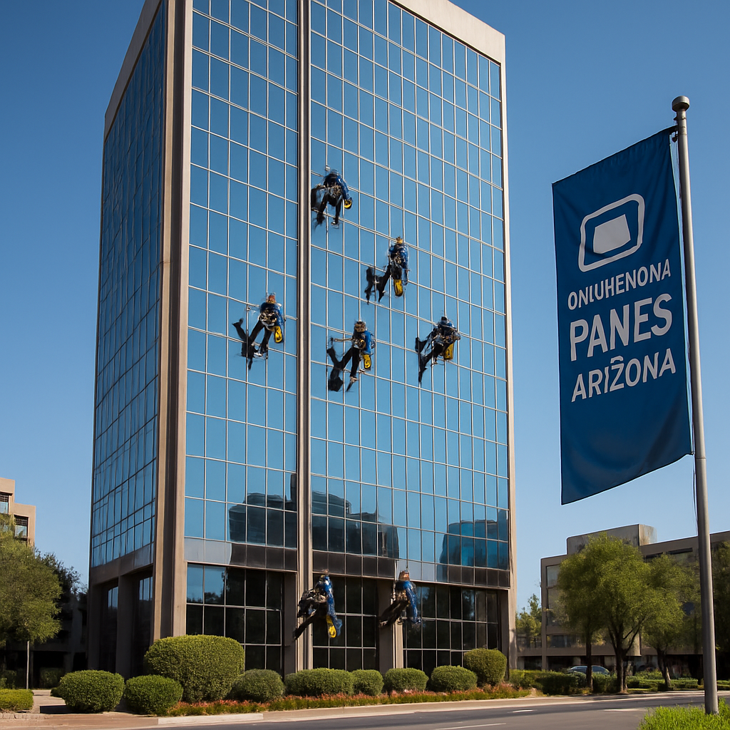The image depicts a striking highrise office building in Arizona showcasing a modern facade with gleaming glass windows reflecting the clear blue sky Below a team of technicians is seen expertly cleaning the buildings exterior using harnesses and rop-1
