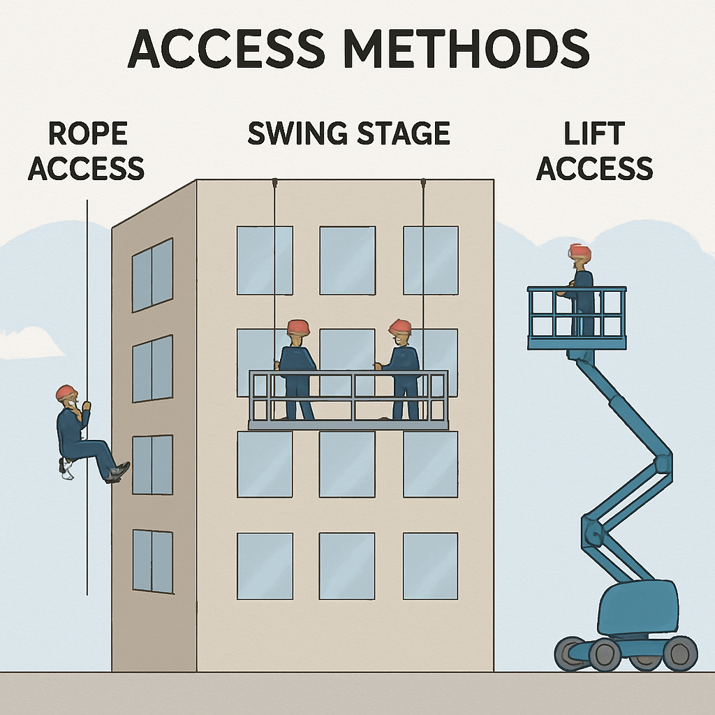 Visual representation of various access methods including rope swing stage and lift access