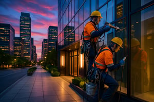 Two technicians begin their day at sunrise, cleaning glass on a downtown high-rise—precision work framed by quiet streets and towering architecture.
