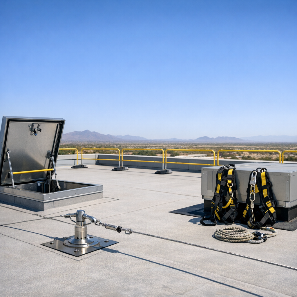 Arizona commercial building rooftop with fall protection equipment under clear desert sky