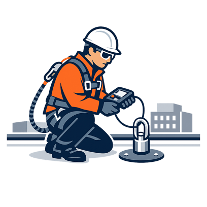 Certified inspector examining rooftop anchor points with testing equipment
