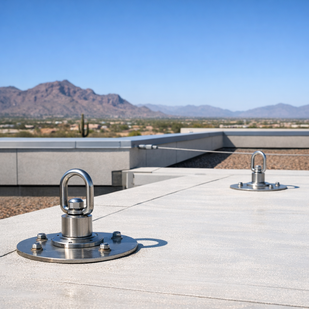 Commercial building rooftop showing fall protection anchor points and clear Arizona sky background