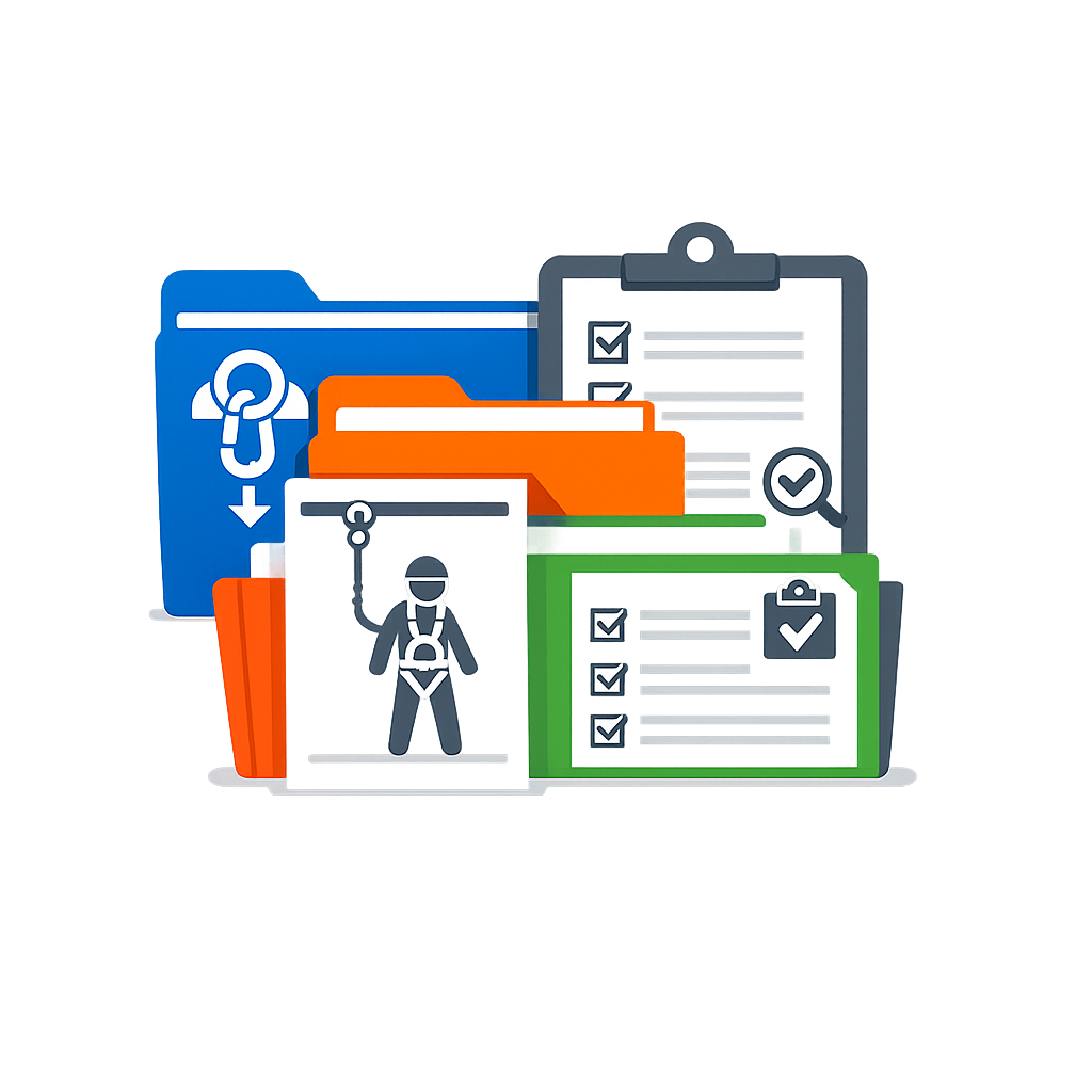 Organized fall protection compliance files with clear anchor maps and inspection records