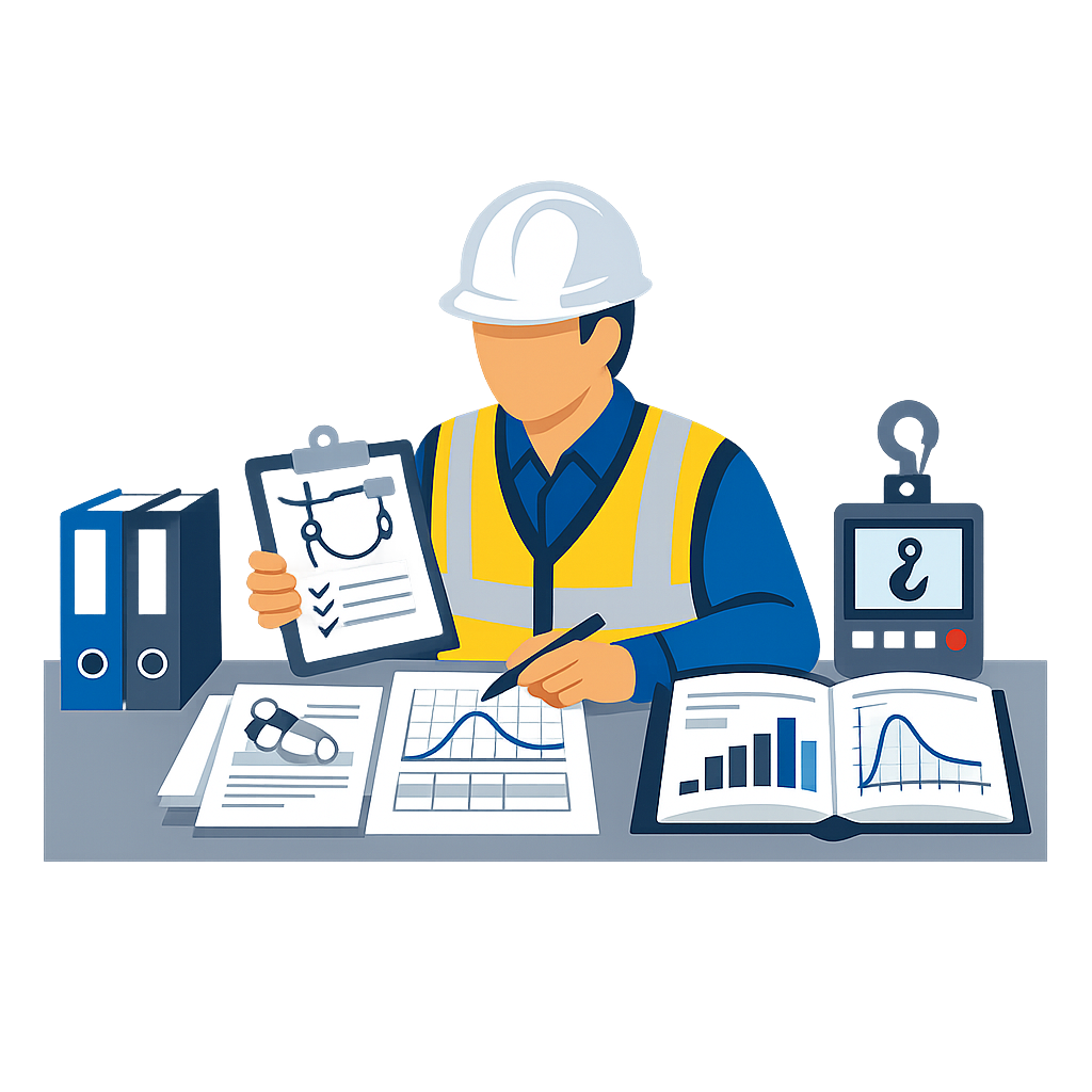 Professional engineer reviewing fall protection load testing results with organized technical documentation