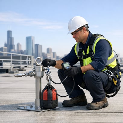 Professional engineer performing proof-load testing on rooftop fall protection system