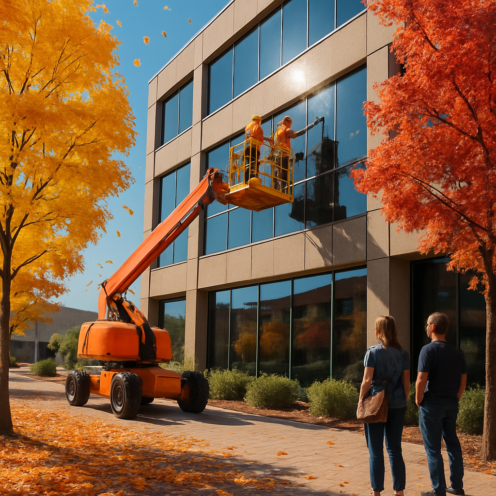 Fall Window Cleaning in Action: Two technicians on a boom lift tackle a three-story building as vibrant orange leaves frame the scene—bringing seasonal clarity to commercial glass